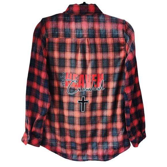 Make Heaven Crowded Custom Upcycled Plaid Sherpa Lined Shirt, Women's M - Picture 5 of 5
